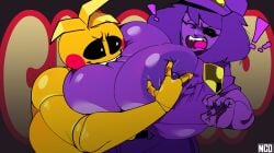 2girls behemaid biting_breast black_sclera breast_squeeze breasts five_nights_at_freddy's five_nights_at_freddy's_2 huge_breasts purple_body rule_63 surprised tagme toy_chica_(fnaf) wendy_afton yellow_body yuri