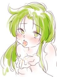 after_sex covering_breasts cum cum_in_mouth female female_focus ganbare_goemon green_eyes green_hair konami looking_pleasured nude_female yae_(ganbare_goemon)