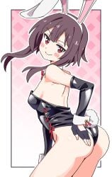 ass back bare_arms bare_back bare_legs bare_shoulders bare_thighs black_gloves black_leotard blush breasts brown_hair bunny_ears bunny_tail bunnysuit cleavage closed_mouth elbow_gloves gloves grin hand_on_own_ass kono_subarashii_sekai_ni_shukufuku_wo! leotard medium_breasts megumin noyama_takenoko pixel_art red_eyes shiny_skin sideboob small_breasts strapless strapless_leotard thighs wrist_cuffs