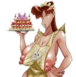 1girls apron apron_between_breasts apron_only areola_bulge areola_slip areolae areolae_slip big_breasts big_nipples breasts breasts_out cake crayon_shin-chan female female_only hand_on_hip hi_res holding_cake holding_food huge_breasts looking_at_viewer moeko_sakurada nipples puffy_areola puffy_nipples のの_(pixiv_id_69399162)