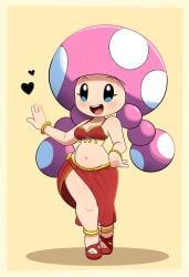 ai_generated belly_dancer female_focus mario_(series) mushroom_girl mushroom_humanoid nintendo novelai open_mouth pink_hair simple_background super_mario_bros. toadette twin_braids