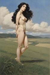 1girl ai_generated armpits arms_behind_head arms_up barefoot black_hair body breasts cloud cloudy_sky completely day female_pubic_hair full_body grass lips long_hair looking_at_viewer medium_breasts navel nipples nude outdoors pepethunter pubic_hair pussy sky solo standing wavy_hair