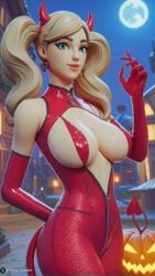 1girls 3d ai ai_generated ann_takamaki atlus blonde_female blonde_hair blue_eyes breasts covered_nipples devil_horns earrings female female_only halloween latex latex_clothing latex_gloves latex_suit looking_at_viewer moon night perry_cracker persona persona_5 pumpkin red_latex red_latex_suit sega standing standing_female town twintails twitter_username watermark