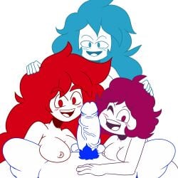 1boy 1boy3girls 3girls blue_(overly_sarcastic_productions) bluejr blush cyan_(overly_sarcastic_productions) harem indigo_(overly_sarcastic_productions) overly_sarcastic_productions pubes red_(overly_sarcastic_productions) smiling tagme veiny_penis