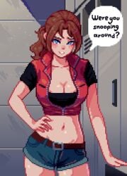 2020s 2024 belly_button belt belt_buckle blue_eyes brown_hair capcom claire_redfield cleavage denim_shorts english_dialogue hand_on_hip light-skinned_female locker_room looking_at_viewer low_cut_top pixel_art ponytail resident_evil_2 speech_bubble talking_to_viewer vest yumykon