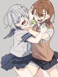 2girls a_certain_high_school_uniform accelerator_(to_aru_majutsu_no_index) albino annoyed black_skirt blue_sailor_collar blue_skirt brown_eyes brown_hair brown_sweater_vest catfight cosmetics cowboy_shot female_only fighting flower furrowed_brow genderswap_(mtf) grey_background hair_flower hair_ornament hand_on_another's_face holding holding_lipstick_tube lipstick_tube looking_at_another medium_hair miniskirt misaka_mikoto multiple_girls neckerchief one_eye_closed open_mouth pale_skin pepo_peropero red_eyes rule_63 sailor_collar school_uniform serafuku shirt short_sleeves shorts shorts_under_skirt sketch skirt standing summer_uniform suzushina_yuriko sweater_vest thighs to_aru_majutsu_no_index tokiwadai_school_uniform wavy_mouth white_hair white_neckerchief white_shirt