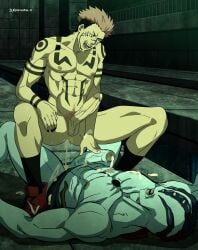 abs anal burankoprn demon dominant_male domination erection gay hanami_(jujutsu_kaisen) interspecies jujutsu_kaisen large_penis lying nude penis power_bottom ryoumen_sukuna_(jujutsu_kaisen) shoes shoes_only socks straddling tattoo uncensored yaoi