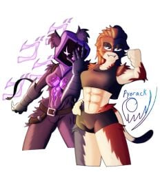 2females 2girls :3 abs anthro armpits arms_up ass beanie beanie_hat bear bear_ears bear_girl belly belt boots booty_shorts breasts calico calico_cat calico_cat_humanoid calico_pattern cat_ears cat_girl cat_humanoid cat_tail catgirl clothed clothed_female clothing crop_top curvy epic_games fangs feline female female_focus female_only fortnite fortnite:_battle_royale fur furry furry_ears furry_female furry_only furry_tail gauntlet gauntlets hand_on_hip hood hood_up hourglass_figure humanoid jojo's_bizarre_adventure jojo_reference long_hair looking_at_viewer medium_breasts meow_skulls_(fortnite) muscle muscles muscular muscular_anthro muscular_arms muscular_female open_mouth pointing pointing_at_viewer purple_body purple_eyes purple_fur purple_hair purple_skin pyerack pyerack_(artist) raven_team_leader scar scar_across_eye scar_on_face shorts simple_background stomach tank_top thick_thighs thighs white_background wide_hips workout_clothes