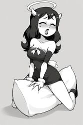 1girls alice_angel anonymous_artist bendy_and_the_ink_machine black_and_white blush cartoony gloves grinding humping_pillow moaning pillow_humping solo