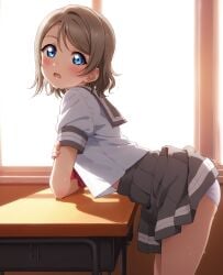 ai_generated ass ass_focus blue_eyes brown_hair female from_behind love_live! love_live!_sunshine!! panties school_uniform schoolgirl serafuku short_hair watanabe_you