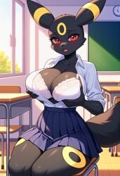 ai_generated anthro big_breasts black_body black_fur breasts cleavage creatures_(company) eeveelution female female_focus female_only kemonogirls large_breasts nintendo open_clothes open_shirt pink_bra pink_underwear pleated_skirt pokemon pokemon_(species) red_eyes school_uniform schoolgirl schoolgirl_uniform solo two_tone_fur umbreon underwear yellow_fur