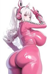 ai_generated alice_(nikke) back_view backboob bare_legs big_ass big_butt bodysuit cat_headphones fat_ass gigantic_ass gigantic_breasts goddess_of_victory:_nikke huge_breasts huge_thighs light-skinned_female light_skin looking_back massive_ass massive_breasts peace_sign pink_eyes smiling solo_female thick_body thick_female thick_thighs thighs twintails voluptuous voluptuous_female wemomo white_hair