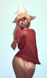 anthro anthro_only antlers barely_clothed blonde_hair blue_eyes blush bottomless brown_body brown_fur brown_nose capreoline cervid curvy curvy_figure deer_ears edit edited embarrassed exposed_penis flaccid flaccid_penis furry futanari genderswap_(fti) intersex long_hair looking_away male_only mammal partially_clothed penis red_sweater reindeer reyn_(nukapone) rule_63 semi-erect solo standing sweater third-party_edit topwear topwear_only visible_penis yorzis