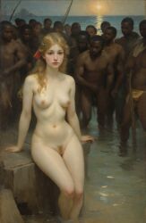 1girls ai_generated dark-skinned_male dark_skin female interracial looking_at_viewer male multiple_boys nude taprincesserose