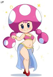 ai_generated belly_dancer dancer dancer_outfit female_focus mario_(series) mushroom_girl mushroom_humanoid navel nintendo novelai pink_hair simple_background super_mario_bros. toadette twin_braids white_background