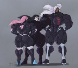 3girls androgynous black_bodysuit black_hair blue_eyes commission dark-skinned_female extreme_muscles flexing flexing_bicep full_body grey_background hair_over_one_eye huge_breasts jailynjj long_hair mouth_mask muscular_arms muscular_ass muscular_legs original pale_skin pecs pectorals pink_hair ponytail power_armor red_eyes standing thick_thighs white_hair