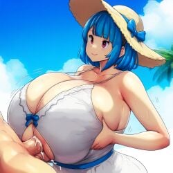 1boy 1girls ai_generated ameanon big_breasts blue_hair breast_cutout breast_squeeze breasts breasts_bigger_than_head cleavage cum cum_between_breasts cum_in_breasts cum_on_breasts ejaculation ejaculation_between_breasts faceless_male gigantic_breasts grabbing_own_breast hands_on_breasts huge_breasts large_breasts paizuri paizuri_under_clothes penis perpendicular_paizuri pink_eyes rina_atherina rina_atherina_(errorkazoo) sideboob straw_hat sundress underboob underboob_cutout