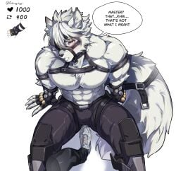 2boys abs absurd_res anthro arm_belt bara blush bulge canid canid_humanoid canine canis chest_harness clothed clothing collar dialogue digital_media_(artwork) dipstick_ears dipstick_hair dipstick_tail ear_markings ear_tuft english_text eye_patch eyewear fartingdoggi fluffy fluffy_chest fluffy_tail fur gay gloves hair hair_over_eye hand harness hi_res human human_male_on_anthro_male human_on_anthro inner_ear_fluff leather leather_harness looking_at_viewer looking_up male male_focus male_only mammal mihoyo multicolored_ears muscular muscular_anthro muscular_male muzzle_(object) muzzled navel nude pants pecs pectorals presenting shirtless tail tail_grab topless topless_anthro topless_male tuft von_lycaon white_body white_fur white_hair wise_(zenless_zone_zero) wolf yaoi zenless_zone_zero