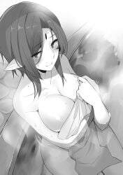 bare_arms bare_legs bare_shoulders bare_thighs bathtub big_breasts black_and_white blush breasts collarbone covering_privates embarrassed hot_spring kono_subarashii_sekai_ni_shukufuku_wo! mishima_kurone naked_towel novel_illustration nude_cover official_art onsen outdoors partially_submerged pointy_ears short_hair steam sweatdrop thighs towel towel_only water wet_body wolbach_(konosuba)