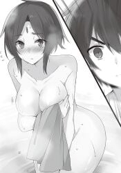 ass_visible_through_thighs bare_arms bare_legs bare_shoulders bare_thighs big_breasts black_and_white blush breasts closed_mouth collarbone completely_nude covering_crotch covering_privates embarrassed holding_towel hot_spring kono_subarashii_sekai_ni_shukufuku_wo! mishima_kurone novel_illustration nude official_art onsen outside partially_submerged satou_kazuma short_hair steam tears thighs towel towel_only water wet_body wolbach_(konosuba)