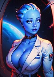 ai_generated alien_girl alien_humanoid big_breasts blue_eyes blue_skin cleavage eogard_orc labcoat liara_t'soni mass_effect self_upload space spacecraft stable_diffusion