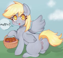 absurd_res anus ass derp_eyes derpy_hooves derpy_hoovessss female feral friendship_is_magic genitals hasbro hi_res hot_pussy my_little_pony pussy smile solo spying tw: