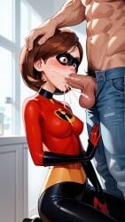 1boy 1girls ai_generated blush bodysuit brown_hair_female ejaculation_in_mouth elastigirl exodusduck fellatio hand_on_another's_head helen_parr masked_female muscular_male penis penis_in_mouth short_hair_female testicles the_incredibles the_incredibles_2