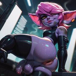 ai_generated anus ass balls foreskin futanari high_heel_boots latex league_of_legends penis shortstack sweaty thighhighs tristana view_from_below yordle