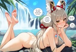 ai_generated animal_ear_fluff animal_ears ass barefoot blunt_bangs blush breasts cat_ears chest_jewel closed_mouth completely_nude english_text facial_mark feet feet_up female grey_hair legs long_hair looking_at_viewer low_twintails lying nia nia_(blade)_(xenoblade) nia_(xenoblade) nipples nude on_stomach outdoors small_breasts smile soles solo speech_bubble the_pose toes twintails very_long_hair water waterfall xenoblade_(series) xenoblade_chronicles_2 yellow_eyes