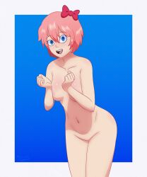 1female 1girls 5_fingers bare_shoulders blue_eyes bow breasts doki_doki_literature_club female_focus hair_bow hairbow megalocd mouth_open naked naked_female navel nude nude_female nudity open_mouth sayori_(doki_doki_literature_club) strawberry_blonde_hair