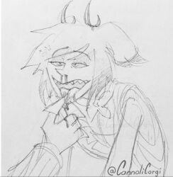 alastor_(hazbin_hotel) blood blood_in_mouth blood_on_face cannolicorgi gay hand_in_mouth hazbin_hotel hypnosis nosebleed sketch spiral_eyes thumb_in_mouth vox_(hazbin_hotel)