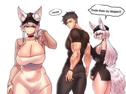 2girls animal_ears distracted_boyfriend dress female js4935 kemonomimi male male_jerk milf mother mother_and_daughter pillow_shading tail text tight_dress younger_female