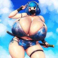 ai_generated ameanon big_breasts blue_hair breasts breasts_bigger_than_head cleavage covered_mouth face_mask gigantic_breasts huge_breasts large_breasts mask ninja pink_eyes rina_atherina rina_atherina_(errorkazoo) sideboob thick_thighs