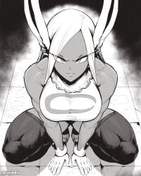 1girls absurdres animal_ears bare_shoulders boku_no_hero_academia breasts closed_mouth crescent_print dark-skinned_female dark_skin english_commentary female female_only fully_clothed fur_collar gloves grey_hair highres large_breasts leotard long_eyelashes long_hair looking_at_viewer mirko miruko monochrome my_hero_academia parted_bangs rabbit_ears rabbit_girl rumi_usagiyama sleeveless_turtleneck_leotard solo speedl00ver spread_legs squatting straight-on taut_leotard thick_thighs thighhighs thighs tile_floor tiles toned_female v-shaped_eyebrows