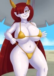 1girls alternate_version_available areola_slip areolae big_breasts bikini bikini_bottom bikini_top bottomwear breasts cleavage demon demon_girl demon_horns fangs female female_only hair hair_over_one_eye hekapoo hips horns huge_breasts long_hair magentraven orange_eyes pointy_ears red_hair solo solo_female star_vs_the_forces_of_evil swimwear thighs topwear white_body white_skin yellow_bikini yellow_sclera