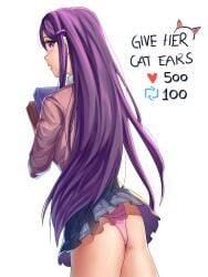 1female 1girls allybun69 ass blue_skirt butt doki_doki_literature_club english_text female_focus heart_icon long_hair panties pink_panties purple_eyes purple_hair retweet_icon skirt strip_game text upskirt yuri_(doki_doki_literature_club)