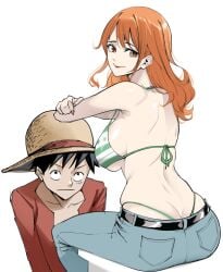 big_breasts bikini bra female hat jeans luffy male nadainishi nami one_piece thong thong_straps vest whale_tail