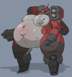 1girls 4_fingers antenna areolae armor armor_plates armored_female belly belly_blush belly_markings big_shoulders body_lines breast_markings breasts chevron_(marking) dark_sclera exposed_belly exposed_breasts female gigantic_belly grey-body grey_armor gun hage hazard_stripes helmet huge_breasts humanoid_robot jagged_mouth living_machine machine_girl mecha navel nipples popped_navel pregnant pregnant_female puffy_areolae red_armor red_highlights robot robot_girl segmented_body shadow simple_background slit_pupils solo standing super_belly sweat thick thick_thighs triangle_(marking) twitter_link two_tone_body weapon yellow_eyes