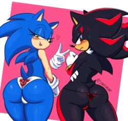 2boys angry anthro ass_focus backsack big_ass black_fur black_nose blue_fur blush bulge crossed_arms duo eggman_logo embarrassed eyelashes femboy feminine from_behind gay gloves green_eyes hedgehog huge_ass looking_back narrow_waist panties peace_sign red_eyes shadow_the_hedgehog sissy sonadow sonic_(series) sonic_the_hedgehog sonic_the_hedgehog_(series) spoken_heart squishcap_(artist) tail thick_thighs tongue_out twitter_username wide_hips