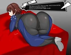 1girls 2025 2d_(artwork) anus_outline ass ass_focus bent_over big_ass big_butt bodysuit brown_hair bubble_ass bubble_butt cameltoe hair_ornament heels huge_ass kneeling latex_clothing light-skinned_female looking_at_viewer looking_back makoto_niijima motion_lines on_bed persona persona_5 phantom_thief_suit red_eyes short_hair skin_tight smiling solo_female teasing telosynth thick_thighs voluptuous