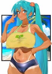 athletic athletic_female beach big_breasts brazil brazilian brazilian_female brazilian_miku breasts busty cameltoe crop_top earrings female female_focus female_only flower_in_hair hatsune_miku hourglass_figure large_breasts long_hair mousekkk navel outdoors outside saliva saliva_string see-through see-through_clothing sweat tagme tan tan_body tan_skin tanline twintails underboob vocaloid wide_hips