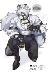 1boy abs absurd_res anthro arm_belt bara button_down_shirt canid canid_humanoid canine canis chest_harness clothed clothing collar dialogue digital_media_(artwork) dipstick_ears dipstick_hair dipstick_tail ear_markings ear_tuft english_text eye_patch eyewear fartingdoggi fluffy fluffy_chest fluffy_tail fur gloves hair hair_over_eye hand harness hi_res inner_ear_fluff kneeling leather leather_harness looking_at_viewer male male_focus male_only mammal mihoyo multicolored_ears muscular muscular_anthro muscular_male muzzle_(object) muzzled navel pecs pectorals presenting shirt solo solo_anthro solo_focus tail tail_grab tuft von_lycaon white_body white_fur white_hair wolf zenless_zone_zero