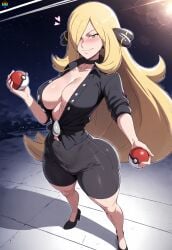 ai_generated alternate_ass_size alternate_body_type alternate_breast_size alternate_costume big_breasts big_thighs black_clothing blonde_female blonde_hair blonde_hair_female blush blushing_at_viewer blushing_female breasts breasts_out champion choker cleavage clothed cynthia_(pokemon) eye_contact eyes_half_open female female_focus female_only hair_ornament hair_over_one_eye heels high_heels inner_sideboob large_breasts lips mature_female older_female pokeball pokemon pokemon_champion pokemon_trainer pose posing posing_for_the_viewer pov repartz seductive seductive_eyes seductive_look seductive_smile sexy_pose shorts slim_waist solo solo_female solo_focus spandex spandex_shorts thick_thighs tight_clothing tight_pants unbuttoned unbuttoned_shirt wide_hips