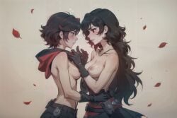 2girls ai_generated black_hair raven_branwen red_eyes reddish_hair ruby_rose rwby silver_eyes yuri