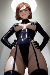 ai_generated big_breasts black_latex black_latex_elbow_gloves black_latex_thighhighs dominatrix dominatrix_outfit femdom from_below jujutsu_kaisen kugisaki_nobara looking_down_at_viewer low-angle_view smirk smirking smug smug_face