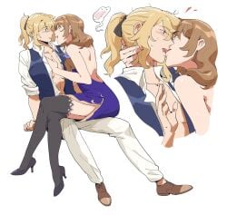 2girls absurd_res akufu_san arm_around_neck arm_around_partner blonde_hair blush breasts brown_hair color crossed_legs dress dress_shirt drooling flustered french_kiss fully_clothed genshin_impact green_eyes hair_ornament hair_ribbon half-closed_eyes hand_on_another's_chest hand_under_clothes high_heels highres imminent_sex jean_gunnhildr kissing lighting lisa_(genshin_impact) long_hair looking_pleasured mischievous_smile no_bra partially_clothed purple_dress purple_eyes romantic romantic_couple sitting sitting_on_lap slight_blush smile speech_bubble sweat teasing thighhighs tied_hair underboob uniform vest white_background white_pants white_shirt yuri