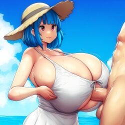 ai_generated ameanon big_breasts blue_hair breast_cutout breast_squeeze breasts breasts_bigger_than_head cleavage faceless_male gigantic_breasts hands_on_breasts huge_breasts large_breasts paizuri paizuri_under_clothes penis perpendicular_paizuri pink_eyes rina_atherina rina_atherina_(errorkazoo) sideboob straw_hat sundress underboob