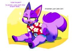 ai_generated aloha_shirt animal_crossing anthro bob_(animal_crossing) bottomwear canid canine clothed clothing cute_fangs domestic_cat felid feline felis fur hellsonger hi_res male male_only mammal narrowed_eyes nintendo open_mouth pattern_clothing pattern_shirt pattern_topwear purple_body purple_fur shirt shorts simple_background sitting smile solo text topwear underwear