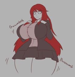 1girl big_areola big_boobs big_breasts blushing clothed danganronpa embarrassed looking_at_breasts red_eyes red_hair ryoko_otonashi