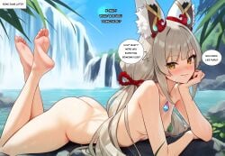 animal_ear_fluff animal_ears ass barefoot blunt_bangs blush breasts cat_ears chest_jewel closed_mouth completely_nude day english_text facial_mark feet feet_up female full_body grey_hair legs long_hair looking_at_viewer low_twintails lying nia nia_(blade)_(xenoblade) nia_(xenoblade) nude on_stomach outdoors patreon_username small_breasts smile soles solo speech_bubble the_pose thighs toes twintails very_long_hair water waterfall xenoblade_(series) xenoblade_chronicles_2 yellow_eyes